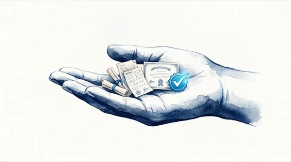 Aquarell-Illustration einer Hand mit Unterlagen — Symbol für vollständige Betreuung