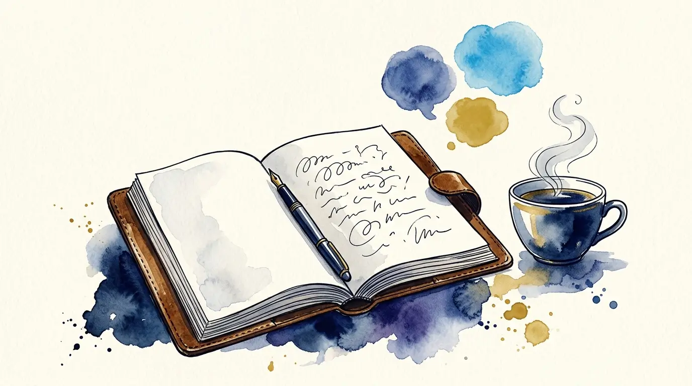 Aquarell-Illustration eines aufgeschlagenen Notizbuchs mit Füllfederhalter und Kaffeetasse — Symbol für Fragen, die ehrlich beantwortet werden